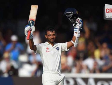 LONDON, ENGLAND - JULY 17:  India batsman Ajinkya Rahane celebrates after reaching his century during day one of 2nd Investec Test match between England and India at Lord's Cricket Ground on July 17, 2014 in London, United Kingdom.  (Photo by Stu Forster/Getty Images)