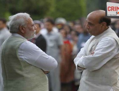 NEW DELHI, INDIA - AUGUST 15: Prime Minister Narendra Modi with Home Minister Rajnath Singh during at home on Independence Day at Rashtrapati Bhawan on August 15, 2014 in New Delhi, India. In first I-Day speech, Narendra Modi listed his government’s priorities and announced schemes to empower the poor, develop a skilled workforce, unleash the entrepreneurial potential of the youth, and ensure toilets, especially for girls, in every school. (Photo by Virendra singh Gosain/Hindustan Times via Getty Images)