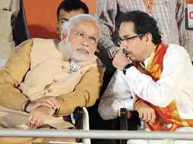 Narendra Modi and Uddhav Thackeray during a joint Shiv Sena- BJP Mahayuti rally at MMRDA grounds. 

On 21/04/2014  PIC/NIMESH DAVE