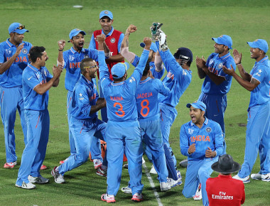 ADELAIDE, AUSTRALIA - FEBRUARY 15:  Indian players celebrate a wicket during the 2015 ICC Cricket World Cup match between India and Pakistan at Adelaide Oval on February 15, 2015 in Adelaide, Australia.  (Photo by Michael Dodge-IDI/IDI via Getty Images)