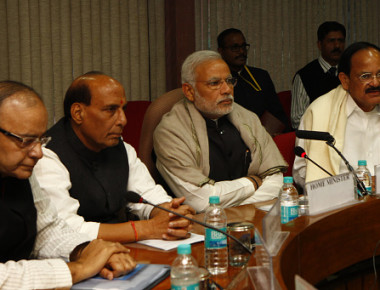 NEW DELHI, INDIA - NOVEMBER 23: Prime Minister Narendra Modi with his cabinet colleagues Arun Jaitley, Rajnath Singh and Venkaih Naidu during the All Party leaders meeting on the eve of Winter session of Parliament at Parliament House on November 23, 2014 in New Delhi, India.  Month long session beginning tomorrow is all set to be a contentious affair with several Opposition parties deciding to oppose the insurance bill and corner the government on black money issue. (Photo by Arvind Yadav/Hindustan Times via Getty Images)