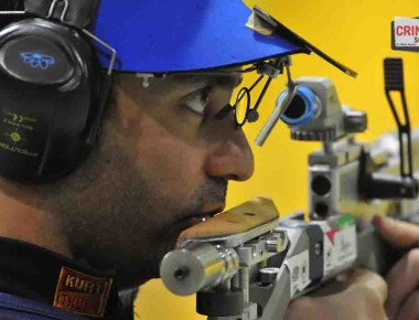 NEW DELHI, INDIA - SEPTEMBER 27: Olympic champion Abhinav Bindra during the qualifying round of 10 metre of Asian AirGun Championship at Dr. Karni Singh shooting Range on September 27, 2015 in New Delhi, India. Bindra won the gold medal in men's 10-metre air rifle event in the ongoing 8th Asian AirGun Championship. All the three Indian shooters Abhinav Bindra, Gagan Narang and Chain Singh have already secured quota places for next year's Rio Olympics. (Photo by Vipin Kumar/Hindustan Times via Getty Images)