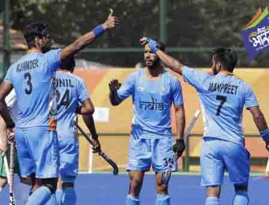 India's Rupinder Pal Singh, left, celebrates with his teammates after he scores against Ireland, during the 2016 Summer Olympics in Rio de Janeiro, Brazil, Saturday, Aug. 6, 2016. (AP Photo/Hussein Malla)