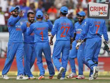 India's Kedar Jadhav, without cap, celebrates with teammates the dismissal of New Zealand's Mitchell Santner during their first one-day international cricket match in Dharmsala, India, Sunday, Oct. 16, 2016. (AP Photo/Tsering Topgyal)