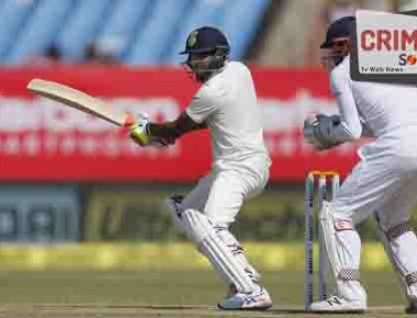 Indian batsman Ravindra Jadeja bats on the fourth day of the first cricket test match against England in Rajkot, India, Saturday, Nov. 12, 2016. (AP Photo/Rafiq Maqbool)