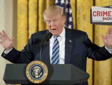 President Donald Trump speaks during a White House senior staff swearing in ceremony in the East Room of the White House, Sunday, Jan. 22, 2017, in Washington. (AP Photo/Andrew Harnik)