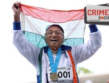 101-year-old Man Kaur from India celebrates after competing in the 100m sprint in the 100+ age category at the World Masters Games at Trusts Arena in Auckland on April 24, 2017. / AFP PHOTO / MICHAEL BRADLEY